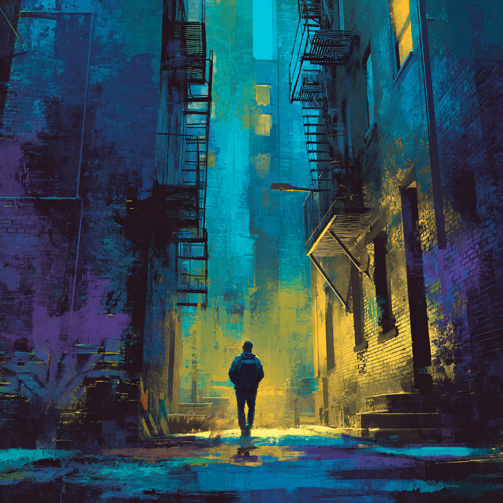 Digitale Illustration einer Person, die durch eine schmale, neonbeleuchtete Gasse geht – stimmungsvolle Stadtszene in Blau-, Gelb- und Violetttönen.
