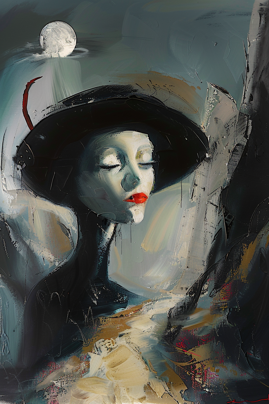 Ein Porträt einer Frau mit blasser Haut und geschlossenen Augen, die einen schwarzen Hut trägt. Der Hintergrund ist in kühlen Grautönen gehalten, und der Mond leuchtet über ihr.
