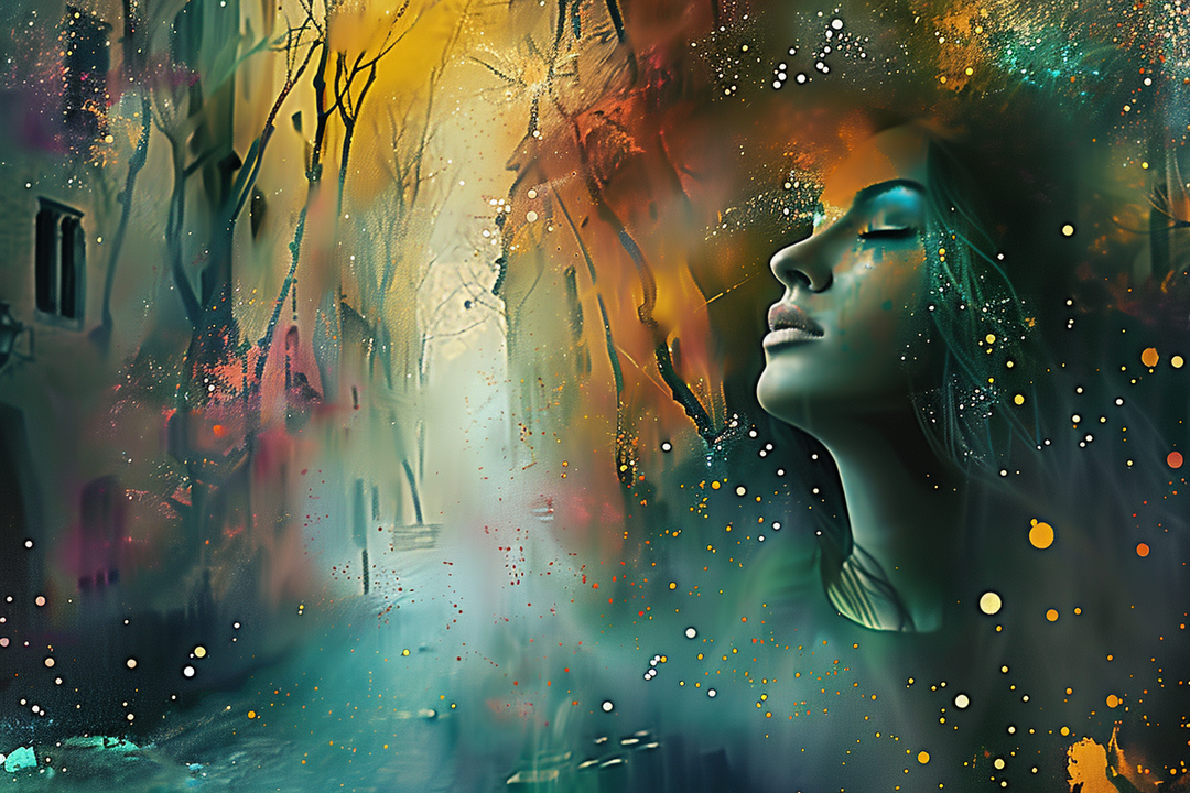 Frau mit geschlossenen Augen in einer farbintensiven, traumähnlichen Szene zwischen Licht und Schatten – digitale Kunst mit poetischer Atmosphäre.
