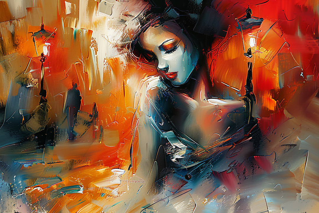 Abstraktes Porträt einer Frau mit geschlossenen Augen in einer leuchtend warmen Stadtszene – ausdrucksstarke Malerei voller Emotion und Bewegung.

