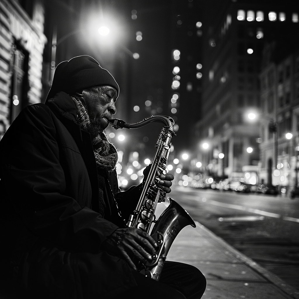 Schwarzweißfotografie eines älteren Mannes, der nachts auf einer Stadtstraße Saxophon spielt – stimmungsvolles Licht, tiefe Schatten und melancholische Atmosphäre.
