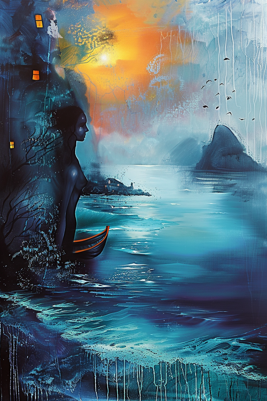 Mystische Meereslandschaft mit einer dunklen, weiblichen Gestalt am Wasser – leuchtender Himmel in Orange und Blau, von Traum und Melancholie durchdrungen.
