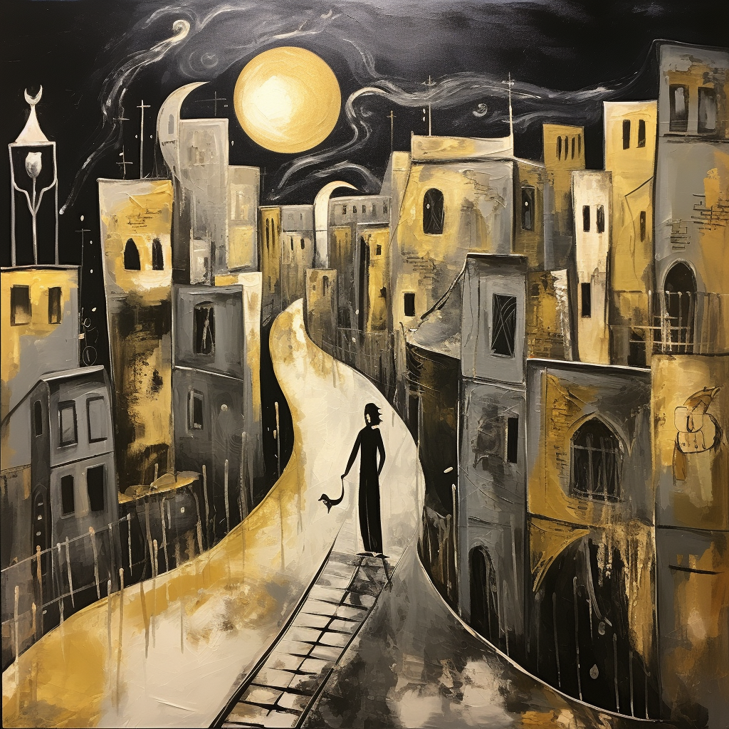 Surreale Stadtszene in Gold- und Schwarztönen mit einer einsamen Figur auf einem leuchtenden Weg unter einem großen goldenen Mond.
