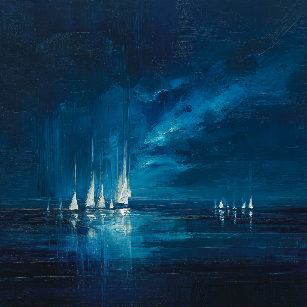 segelboote bei nacht auf dunklem meer im blauen licht des mondes
