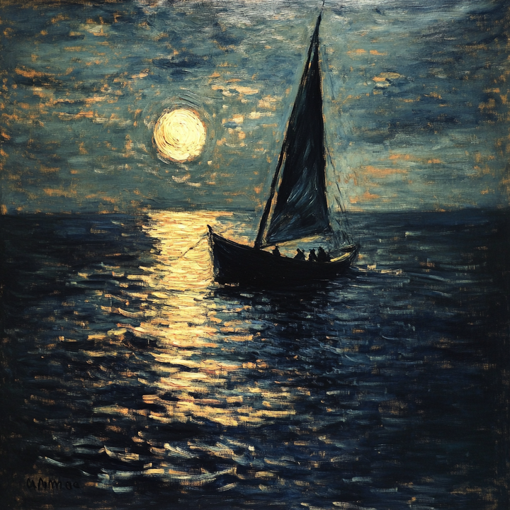 Ölgemälde eines Segelboots, das im goldenen Licht des Mondes über das dunkle Meer gleitet – poetische Szene voller Stille und Tiefe.
