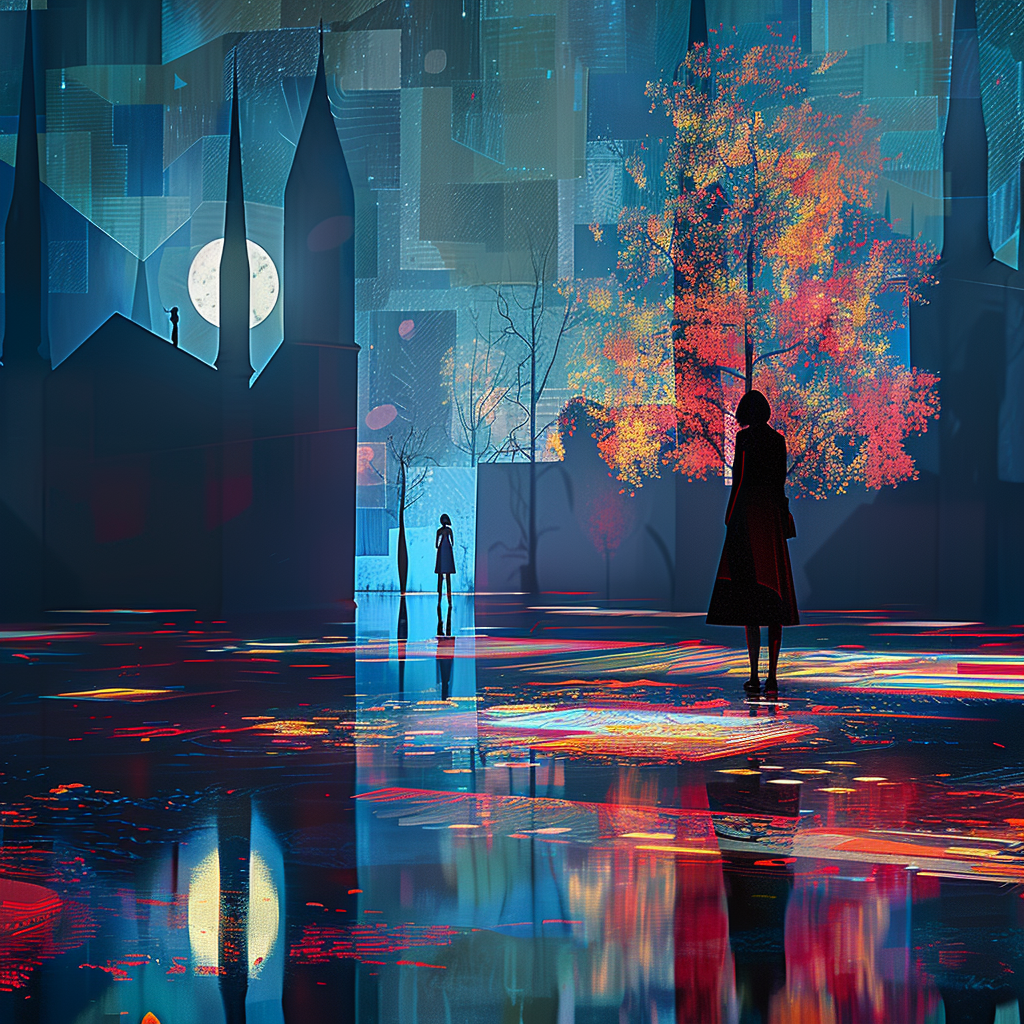 Stimmungsvolle digitale Szene mit Figuren bei Nacht, reflektierendem Boden und farbintensivem Baum. Im Hintergrund eine Kirche mit Vollmond; leuchtende Farben und Spiegelungen schaffen eine traumhafte Atmosphäre.
