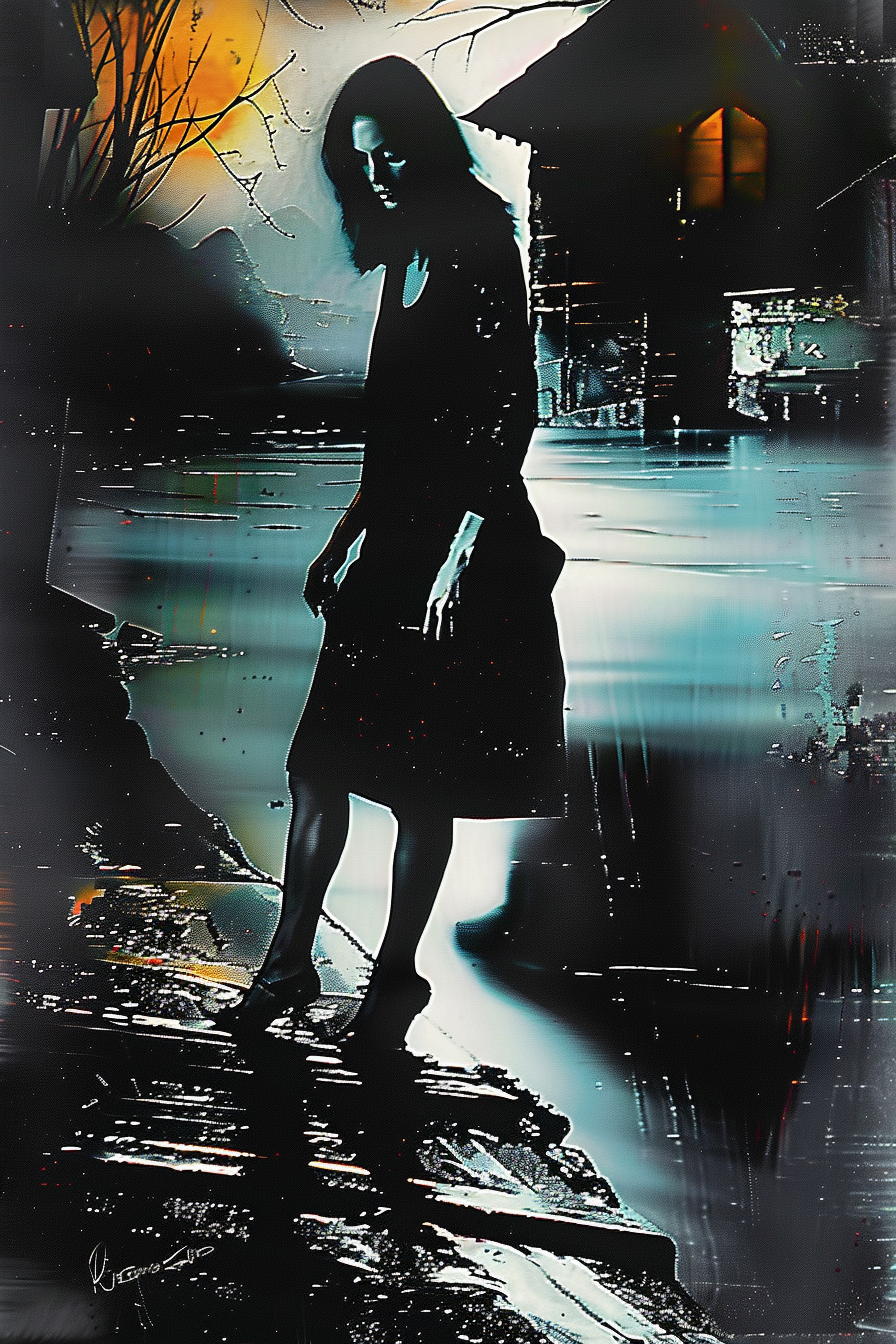 Düstere, stimmungsvolle Szene einer Frau in Schwarz, die am Ufer eines stillen Sees steht – eine Mischung aus Melancholie, Lichtspiel und geheimnisvoller Atmosphäre.
