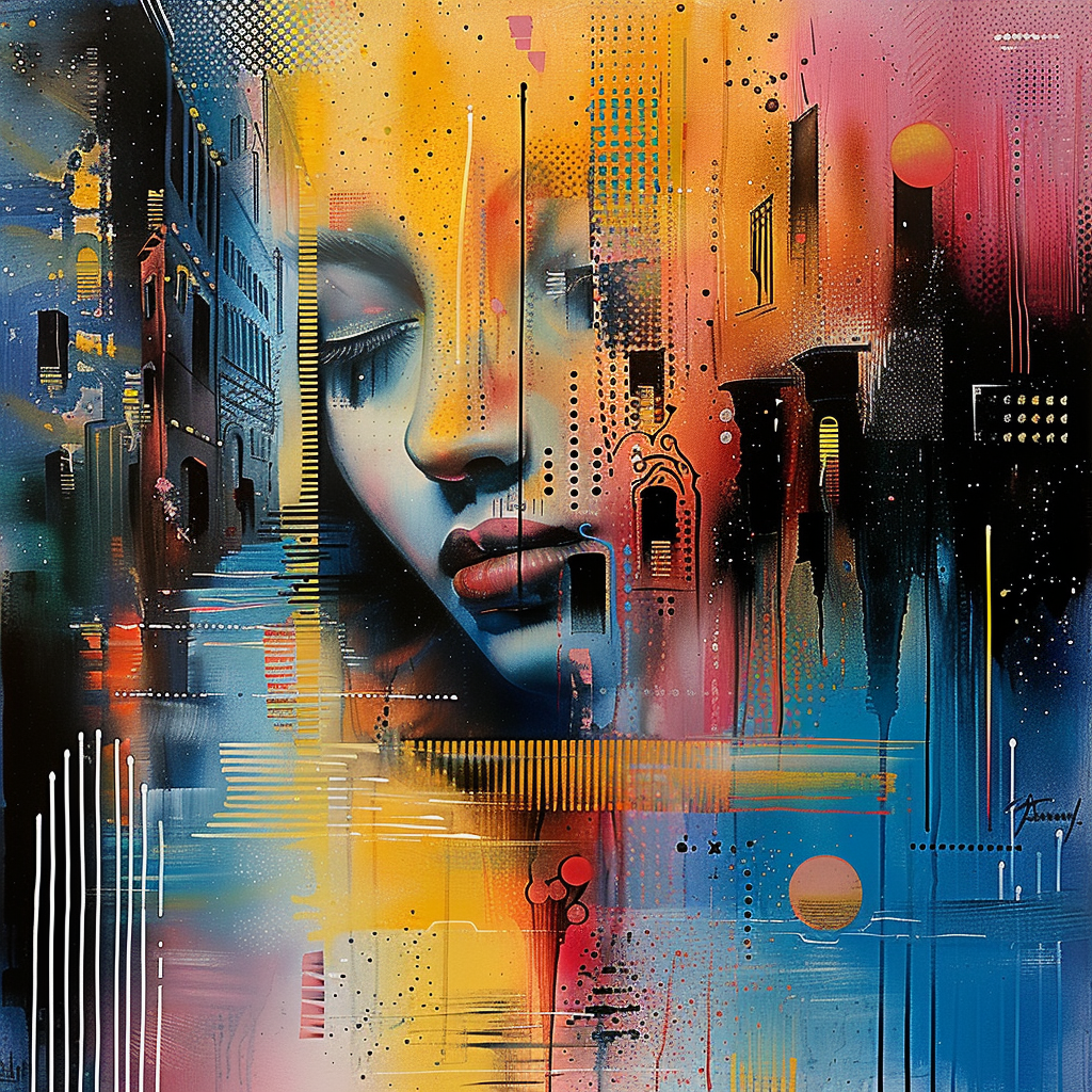 melancholisches frauenporträt in farbenreicher stadtlandschaft mit leuchtenden mustern
