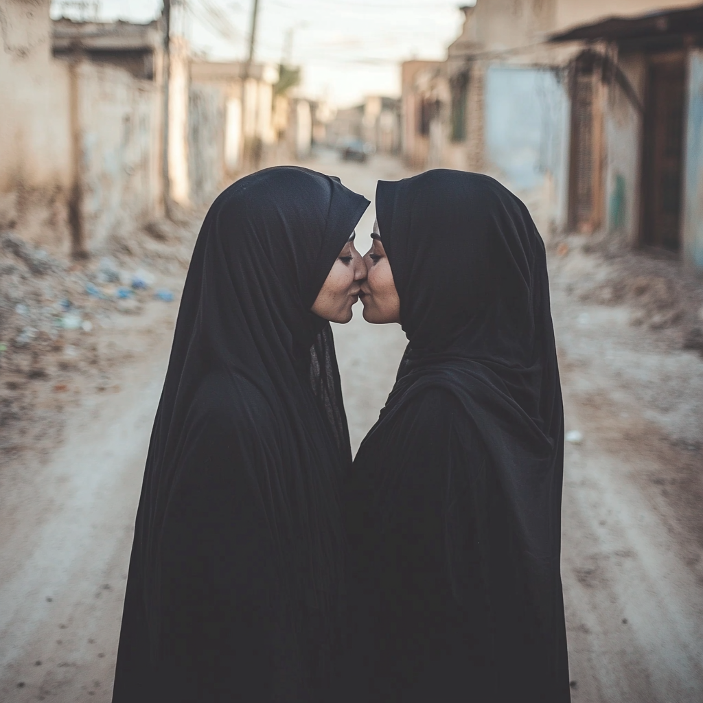 zwei personen in dunkler kleidung in enger umarmung auf straße
