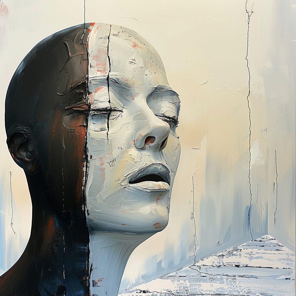 Abstraktes Porträt mit halb dunklem, halb hellem Gesicht, das von feinen Rissen durchzogen ist.
