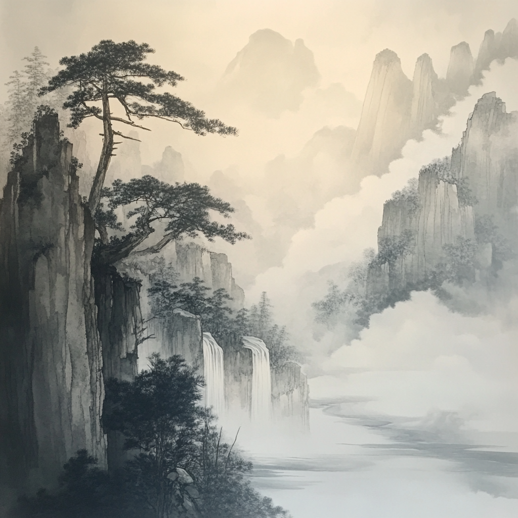 tuschmalerei mit bergen, wasserfällen und nebel
