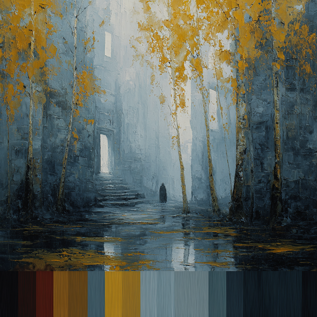 Nebelverhüllte Szene mit goldenen Birken und einer hellen Tür in graublauer Architektur.
