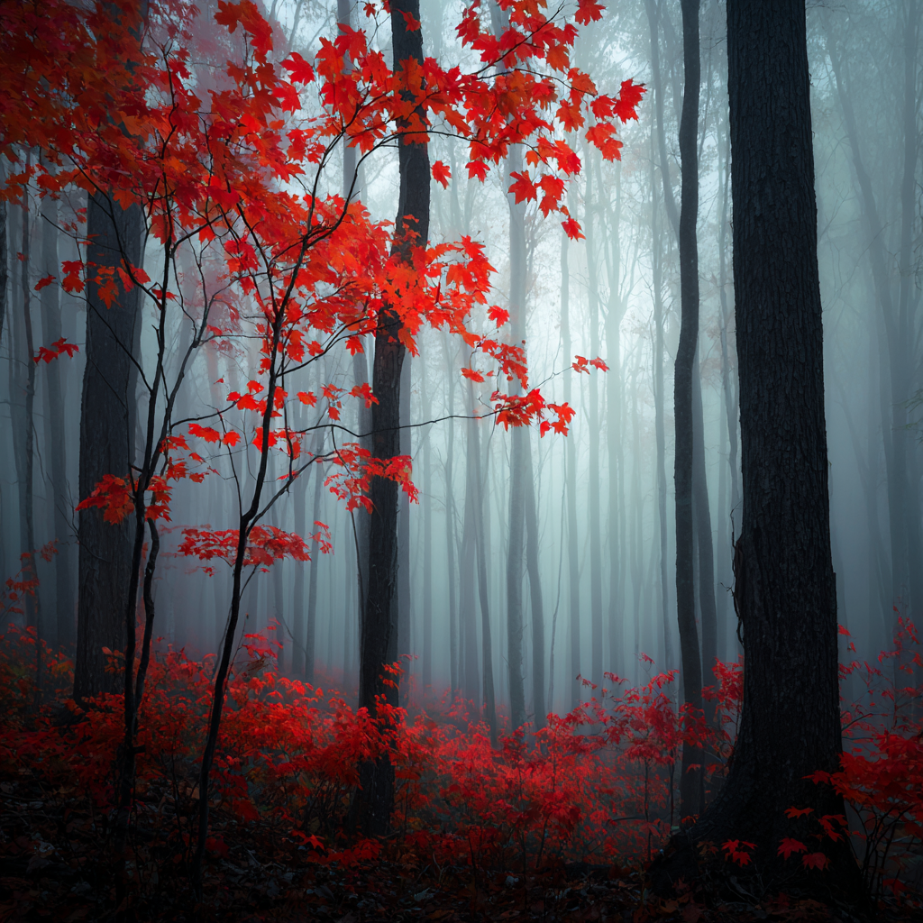 Fotografie eines nebligen Waldes mit leuchtend roten Blättern im Vordergrund – stimmungsvolle Szene, die Kontrast zwischen Farbe und Stille betont.
