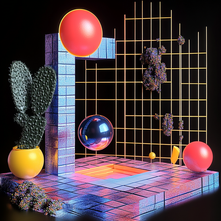 neonfarbenes geometrisches arrangement mit kugeln, kaktus und gitterstruktur auf dunklem hintergrund
