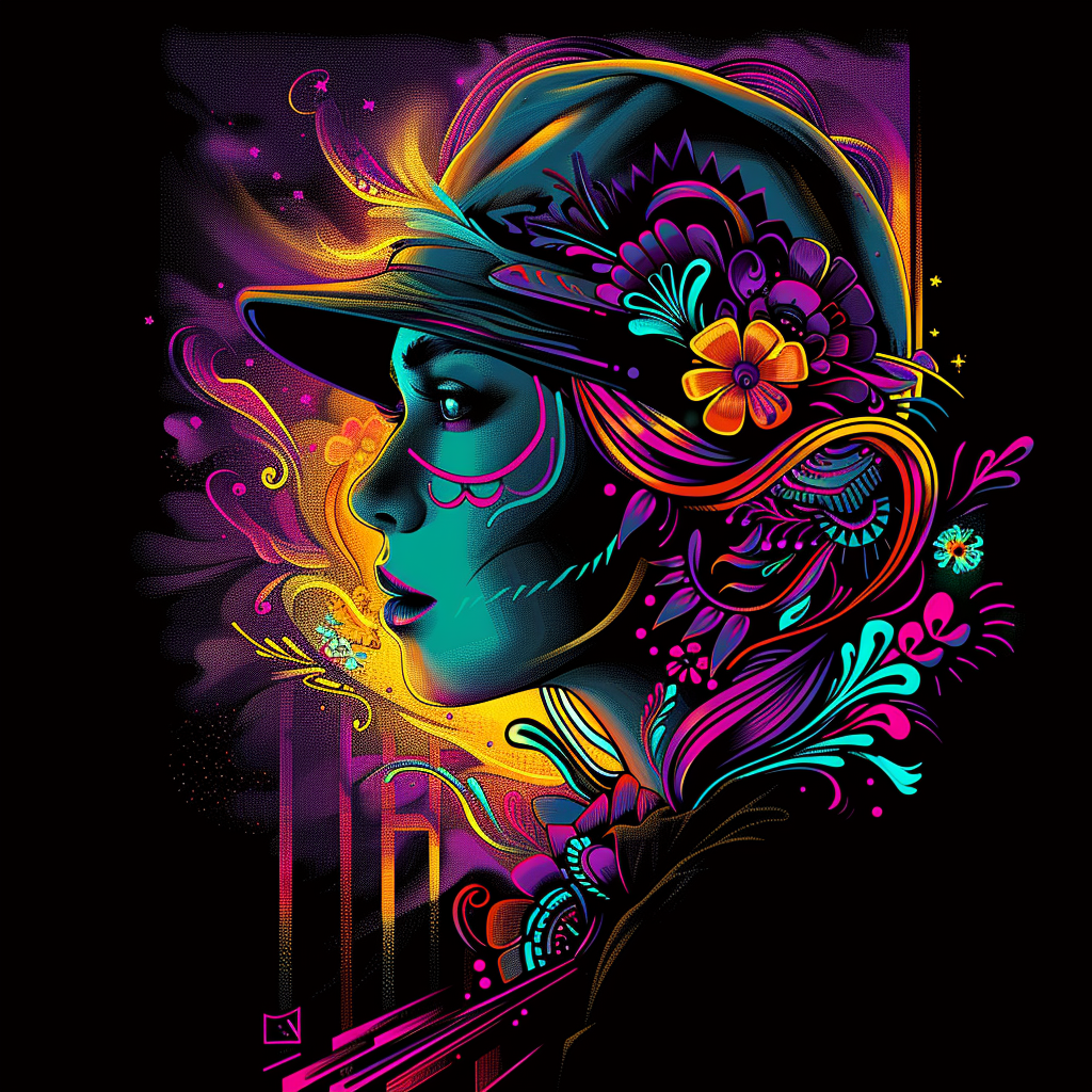 Farbintensives digitales Porträt einer Frau im Profil, umgeben von leuchtenden, floralen Neonmustern in Violett, Türkis und Gelb.
