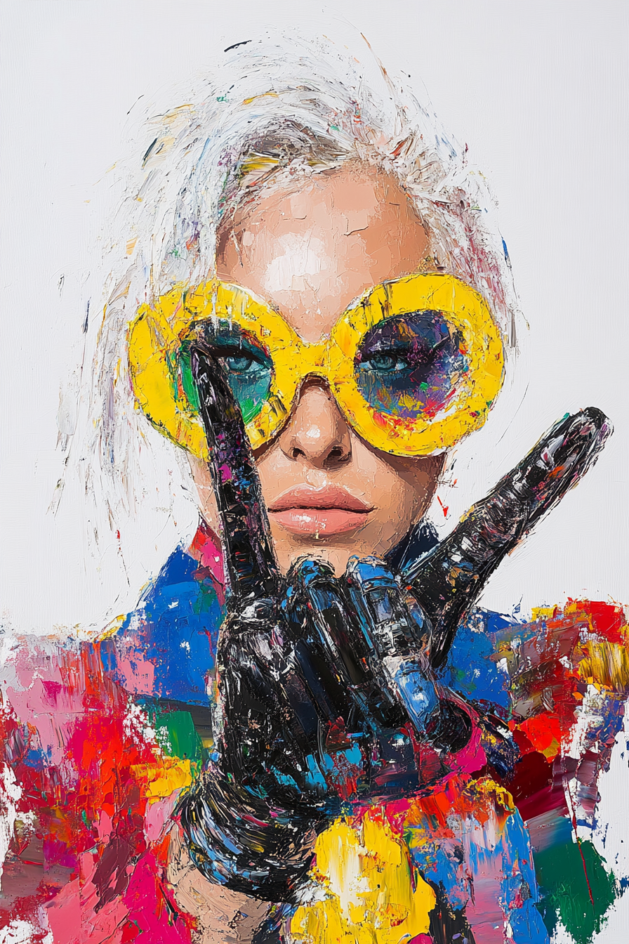 Ein expressives Porträt einer Person mit platinblondem Haar, großen gelben Rundbrillen und lackschwarzen Handschuhen. Der Hintergrund ist weiß, während kräftige Farbflächen in Blau, Rot, Gelb und Pink das Bild dominieren.
