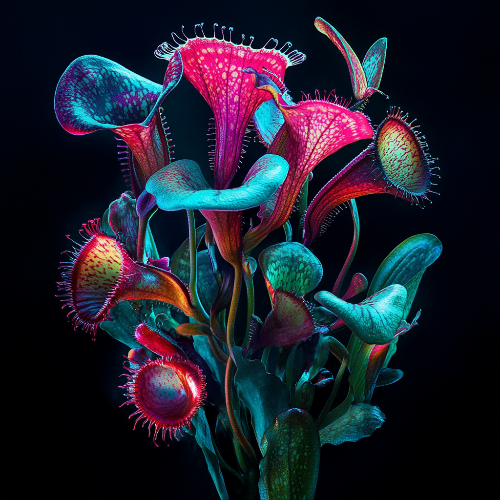 Leuchtende, futuristische fleischfressende Pflanzen in kräftigen Neonfarben

