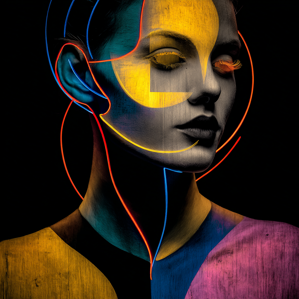 Porträt mit leuchtenden Neonlinien in Gelb, Rot und Blau, kombiniert mit
abstrakten Farbflächen und dunklem Hintergrund.
