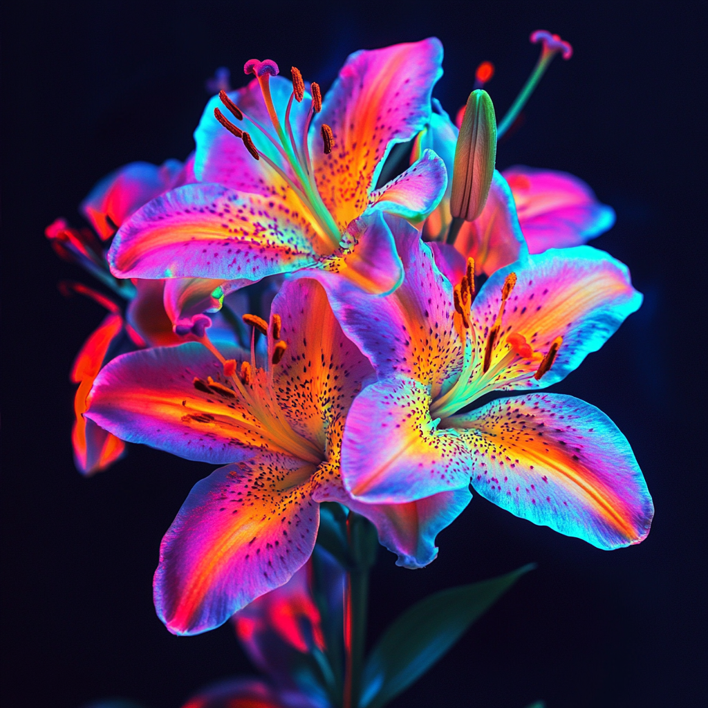 Leuchtende Lilien in kräftigen Neonfarben auf dunklem Hintergrund
