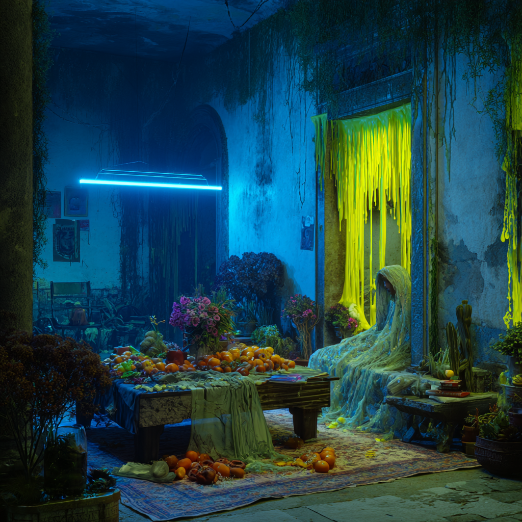 Surrealer Raum mit blauen Neonlichtern, tropfend gelbem Leuchten, überladenem Früchte-Tisch und verhüllter Figur in einem verfallenen Interieur.
