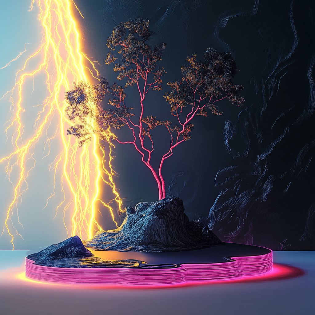 Leuchtender pinkfarbener Baum auf dunklem Felsen, umgeben von hellen Blitzen – digitale futuristische Kunst mit intensiven Kontrasten.

