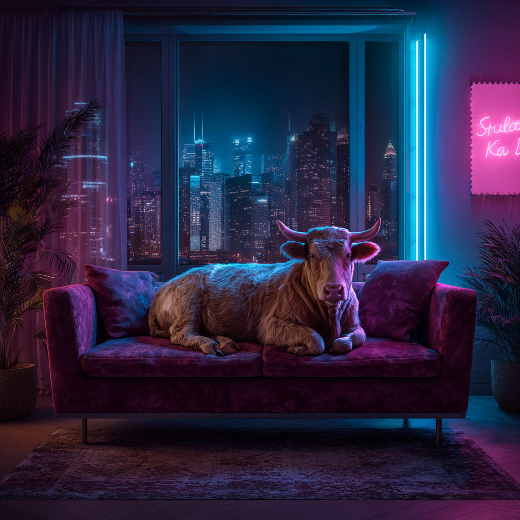 Kuh liegt entspannt auf einem violetten Sofa in einem neonbeleuchteten Apartment mit Blick auf eine futuristische nächtliche Skyline.

