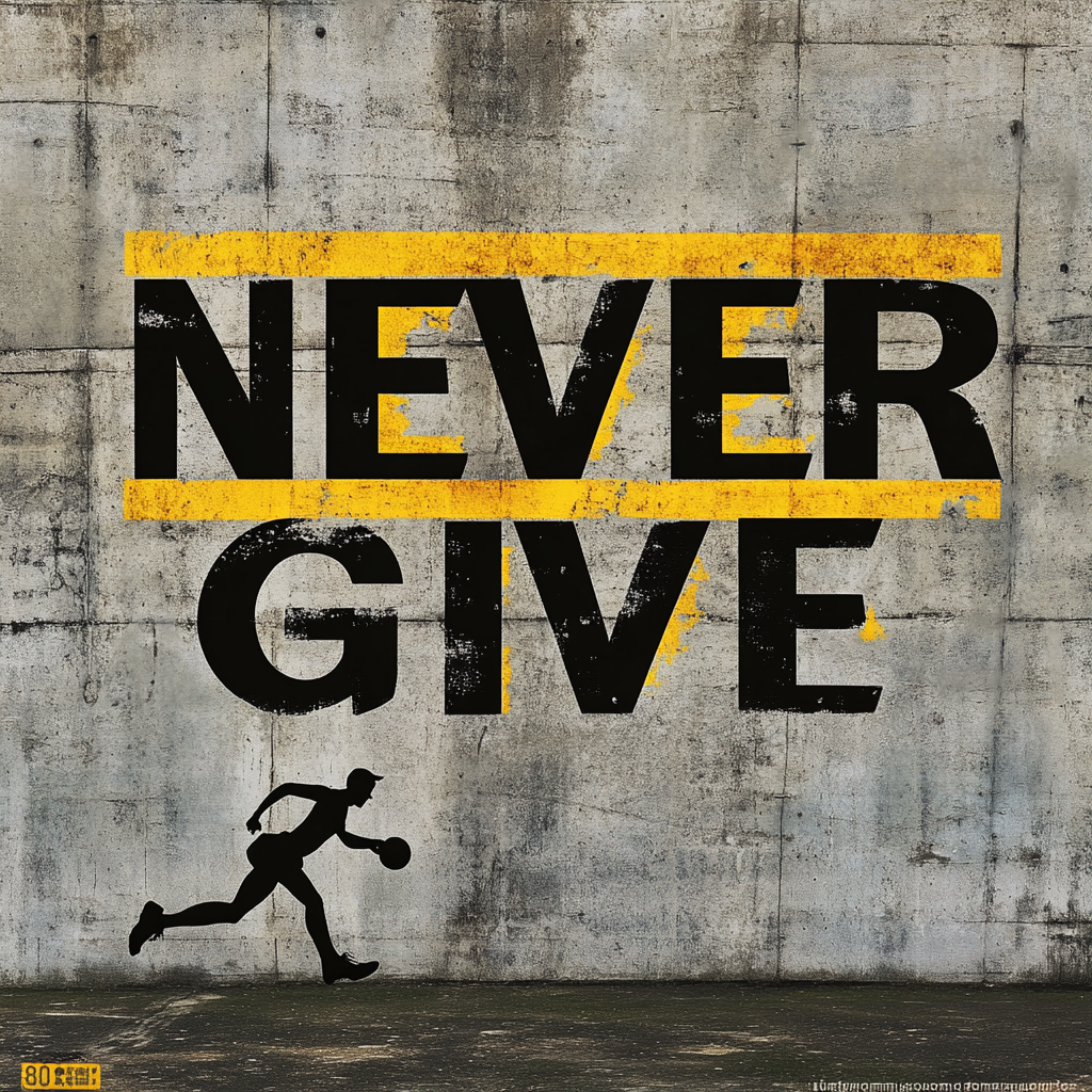 Streetart-Motiv mit dem Schriftzug „NEVER GIVE“ in Schwarz und Gelb auf Betonwand, darunter Silhouette eines laufenden Menschen – Symbol für Durchhaltevermögen.
