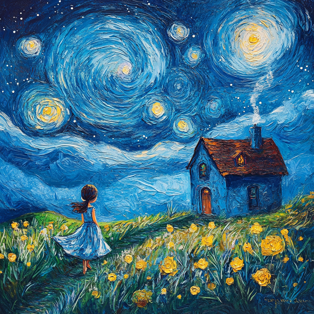 Mädchen im blauen Kleid unter sternenklarem Himmel vor einem Haus mit gelben Rosen.
