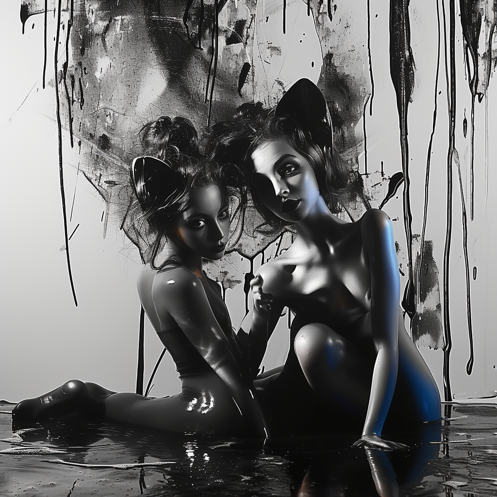 Zwei weibliche Figuren in schwarzer, glänzender Umgebung – surreale Szene zwischen Körper, Schatten und Ausdruck.
