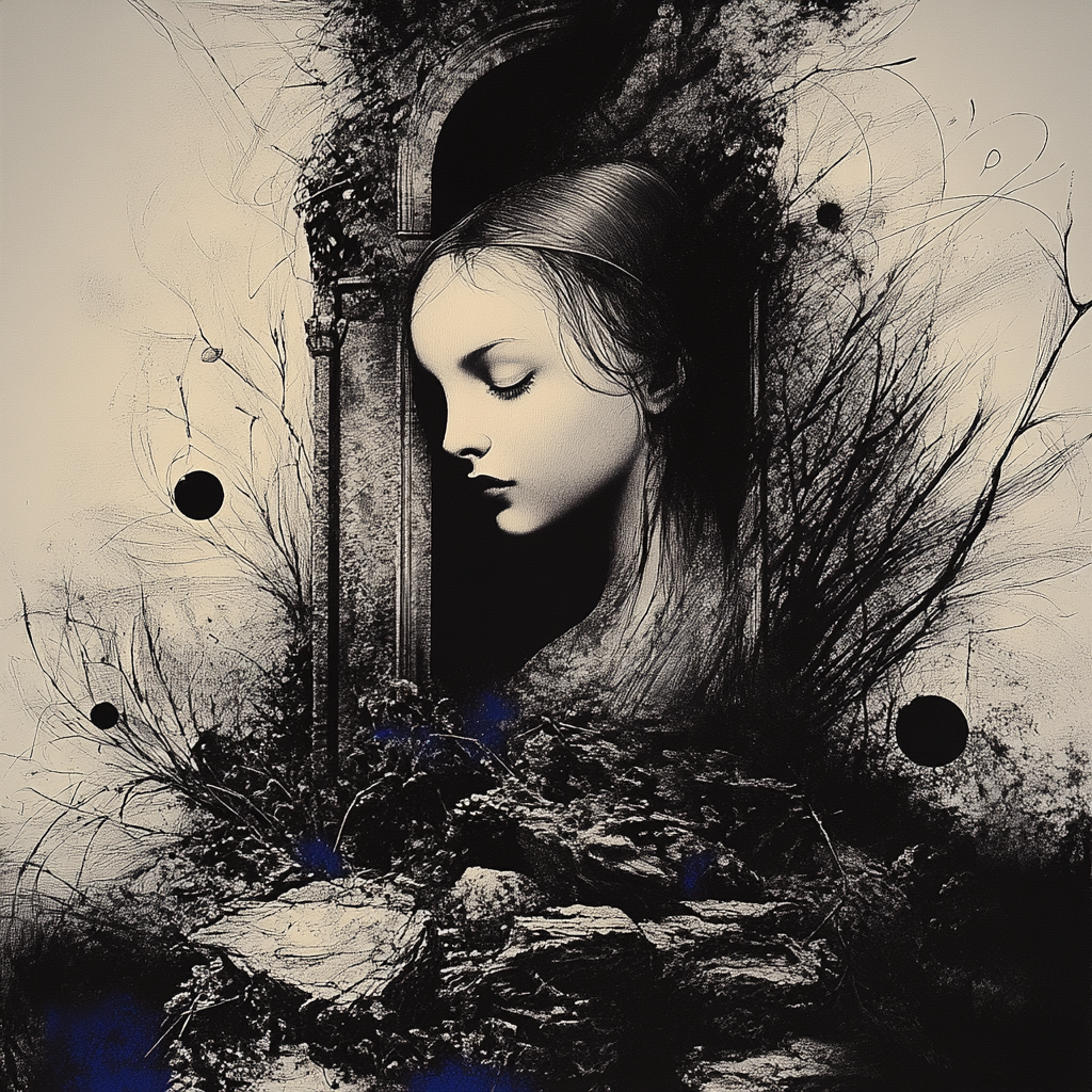 Ein monochromes Kunstwerk zeigt das Profil eines Mädchens mit gesenktem Kopf, das aus einer alten, zerfallenden Steinarchitektur herausragt. Um sie herum ranken sich dunkle Äste und Strukturen, die an Ruinen und Träume erinnern.
