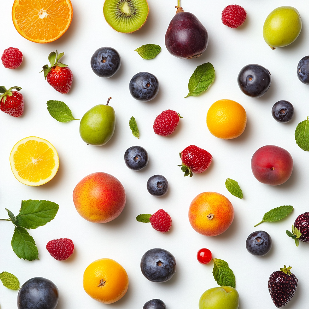 Verschiedene bunte Früchte wie Orangen, Kiwis, Beeren und Pfirsiche sind gleichmäßig auf weißem Hintergrund arrangiert
