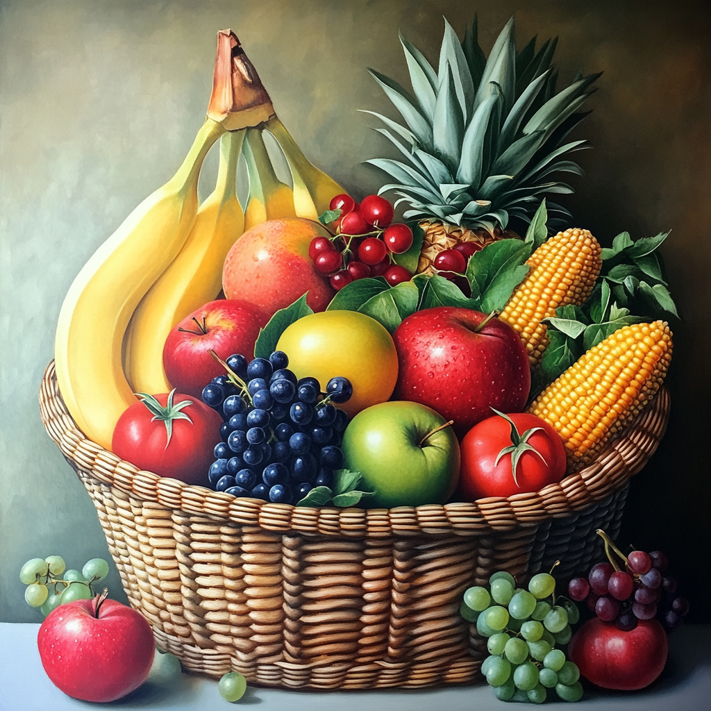 Bunter Obstkorb mit Ananas, Äpfeln, Bananen, Trauben und Maiskolben
