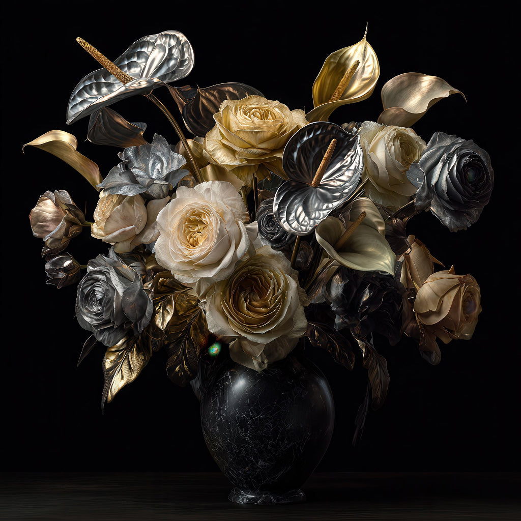Luxuriöses Blumenarrangement aus cremefarbenen Rosen und metallischen Blättern in schwarzer Marmovase vor dunklem Hintergrund.
