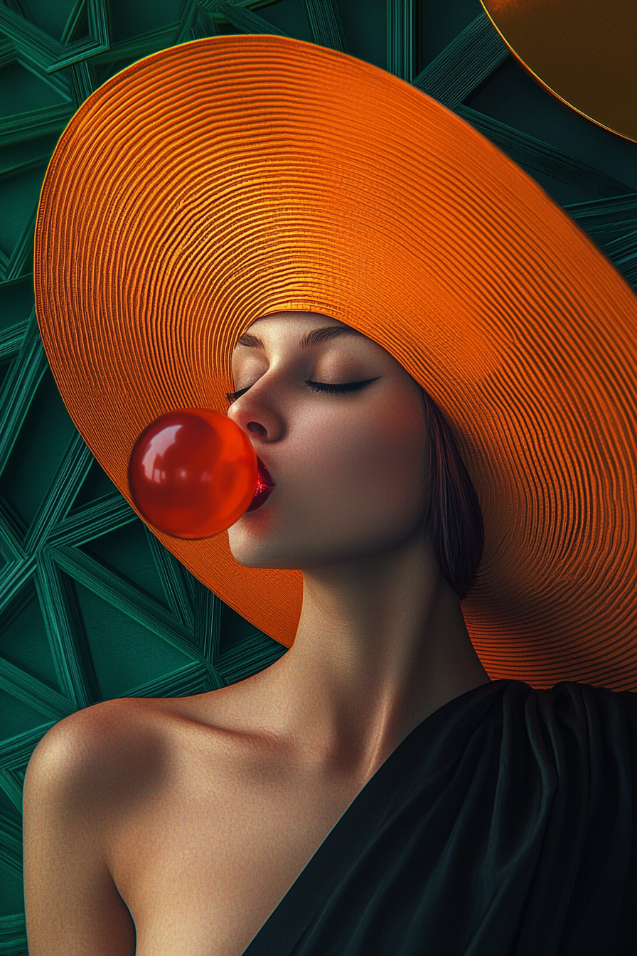 Frau mit großem orangefarbenem Hut und Kaugummiblase, modernes Porträt mit Stil und Ausdruck.
