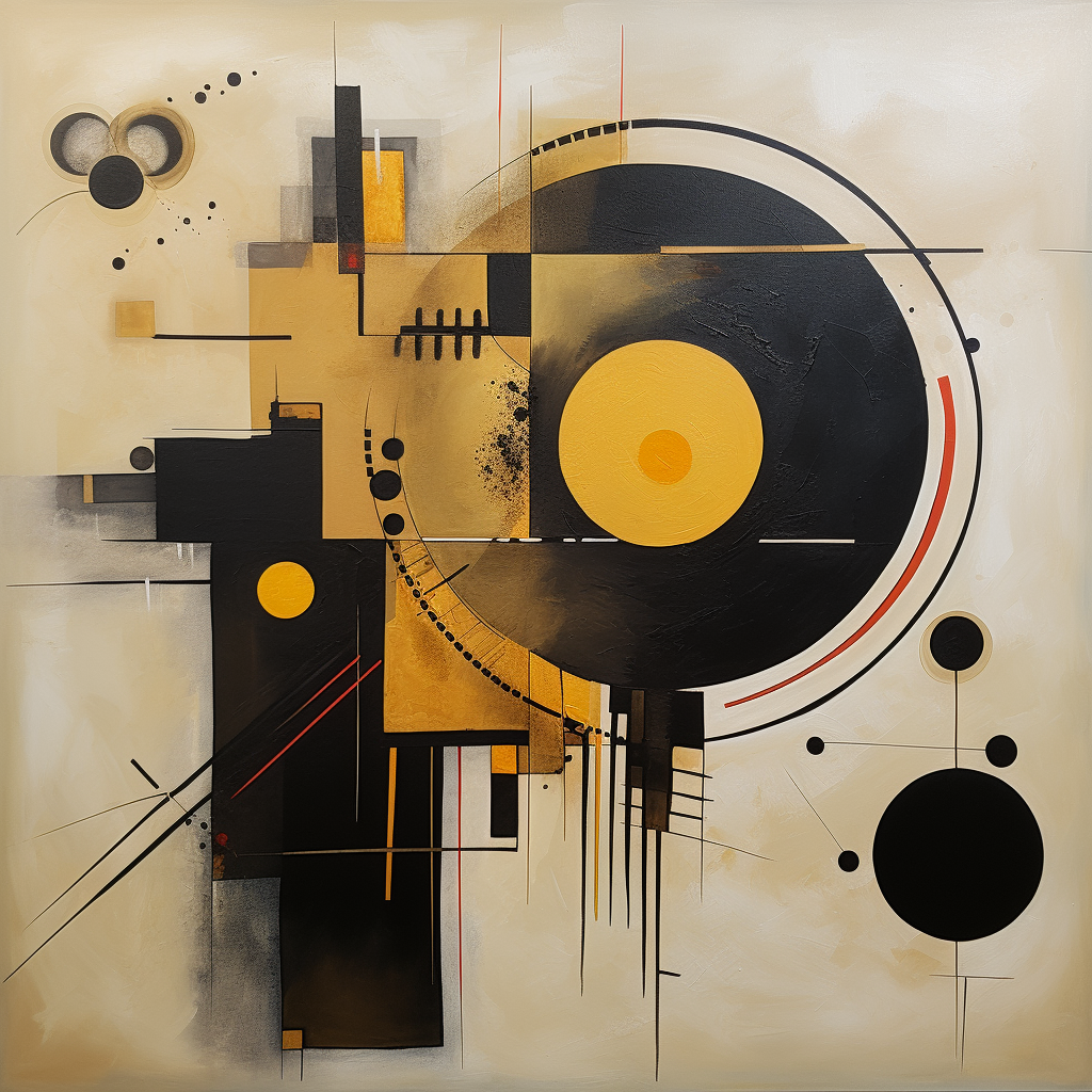 Abstrakte geometrische Komposition in Schwarz, Gold und Rot – Kreise, Linien und rhythmische Formen in Balance und Bewegung.
