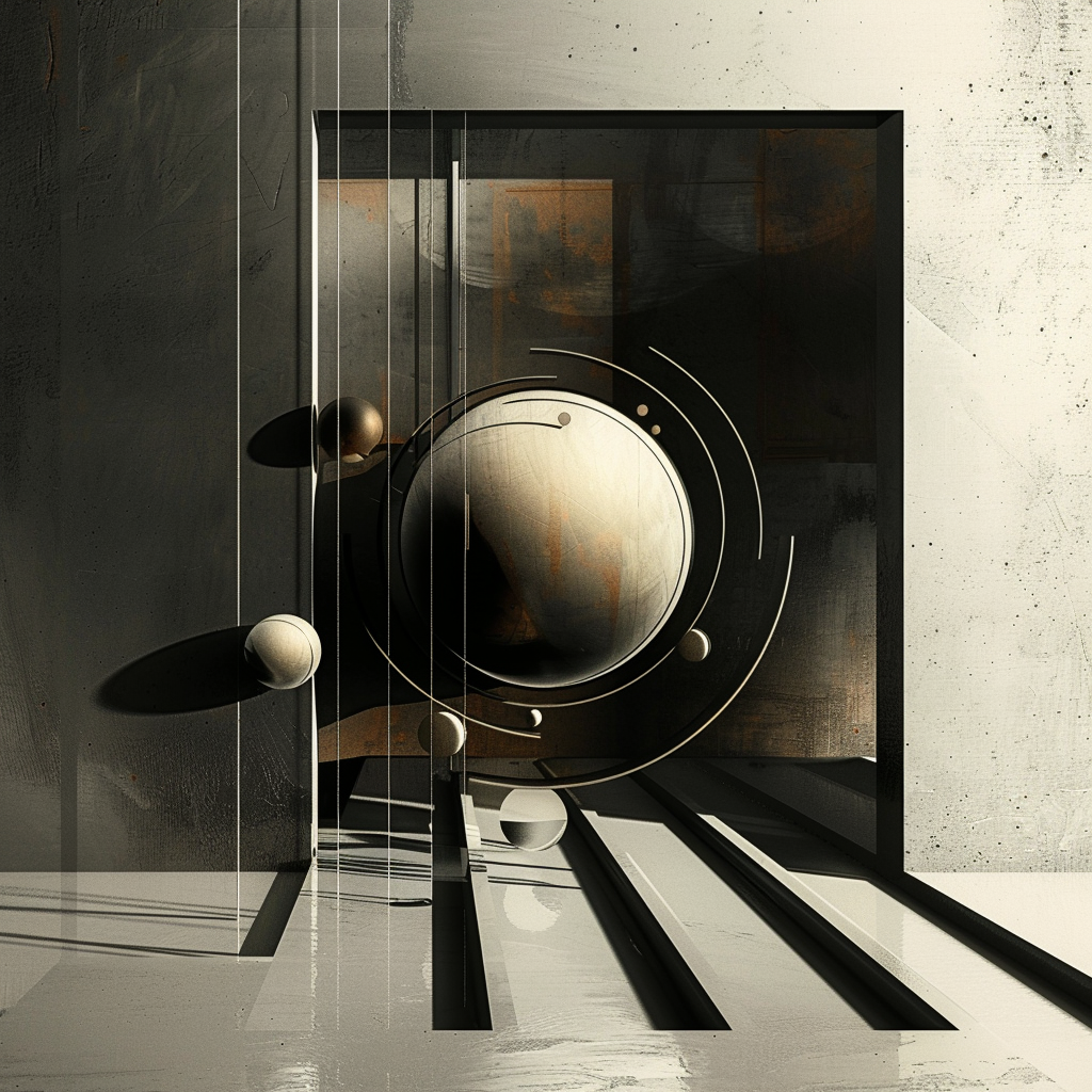 Abstrakte geometrische Komposition mit schwebenden Kugeln und konzentrischen Kreisen – Sinnbild für kosmische Ordnung und Balance.
