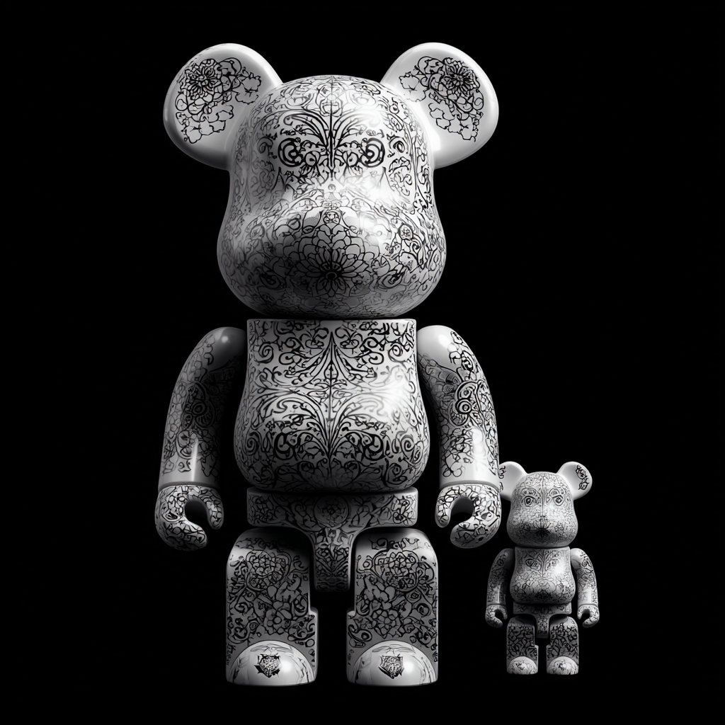 Zwei glänzende Designerfiguren in Schwarz-Weiß mit feinen ornamentalen Gravuren und floralen Mustern auf dunklem Hintergrund – eine Symbiose aus Kunst, Symbol und Objekt.
