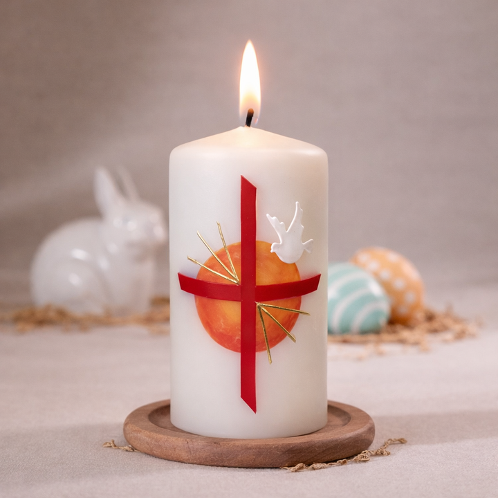 Detailaufnahme Osterkerze 2026 mit rotem Kreuzmotiv auf weißer Kerze