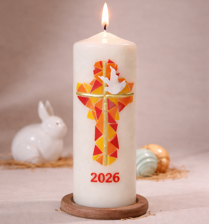 Osterkerze 2026 mit modernem Flammenkreuz in warmen Farben