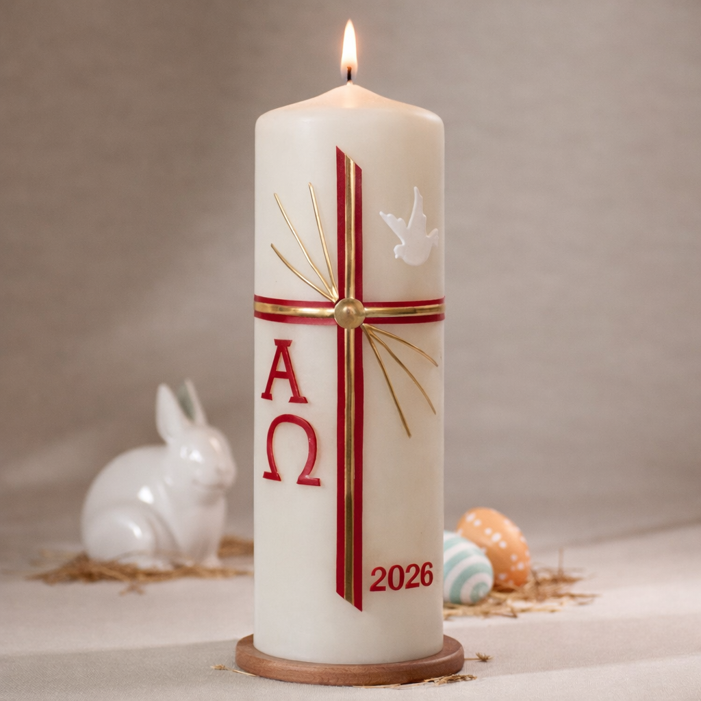 Osterkerze 2026 mit rotem Kreuz, Alpha und Omega Symbol