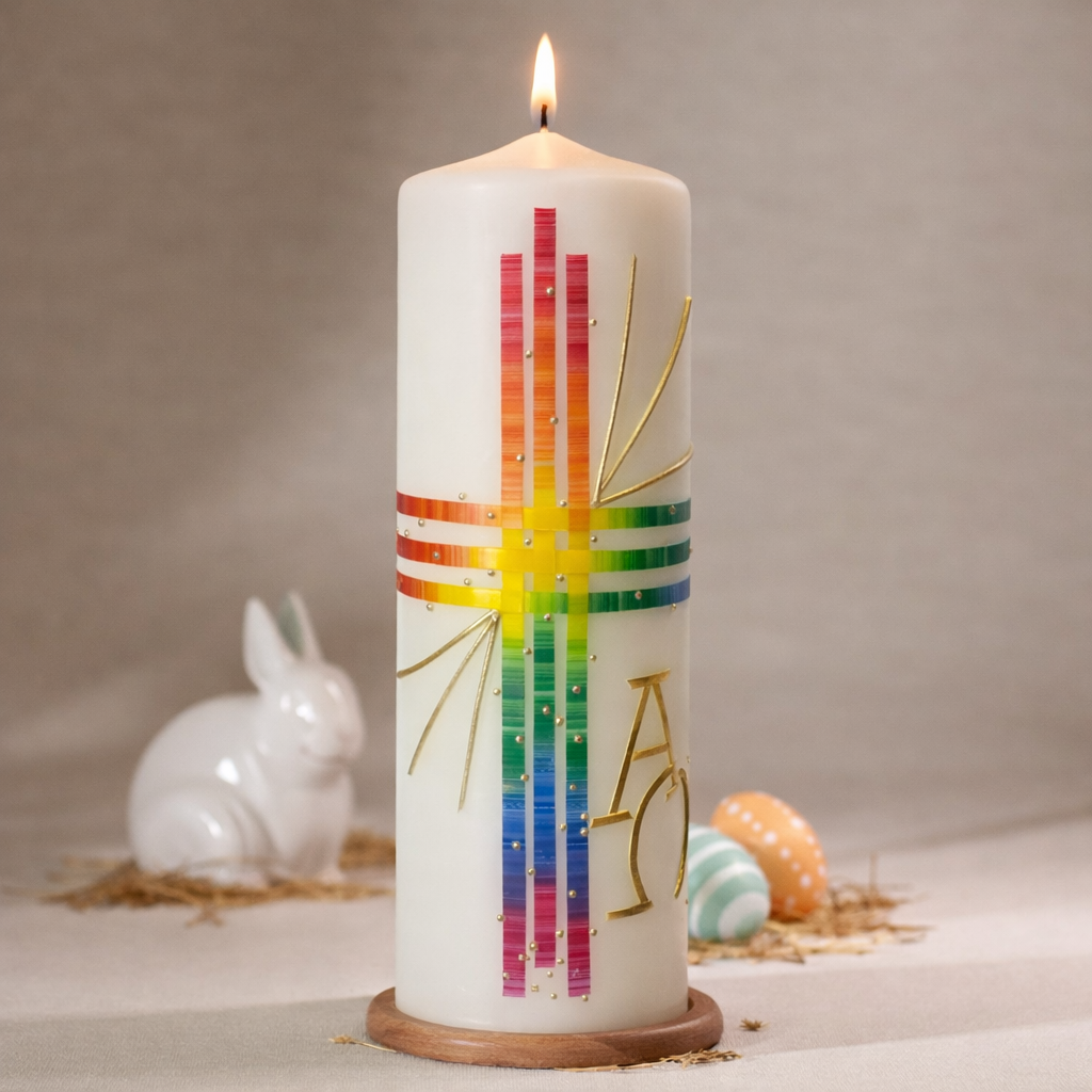 Osterkerze 2026 mit Regenbogenkreuz und christlichen Symbolen