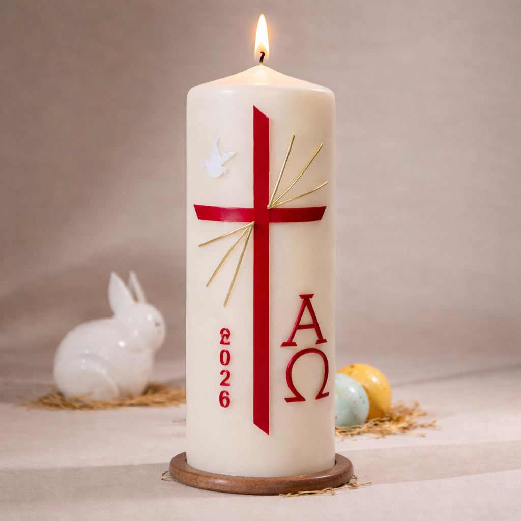 Osterkerze 2026 mit schlichtem rotem Kreuz