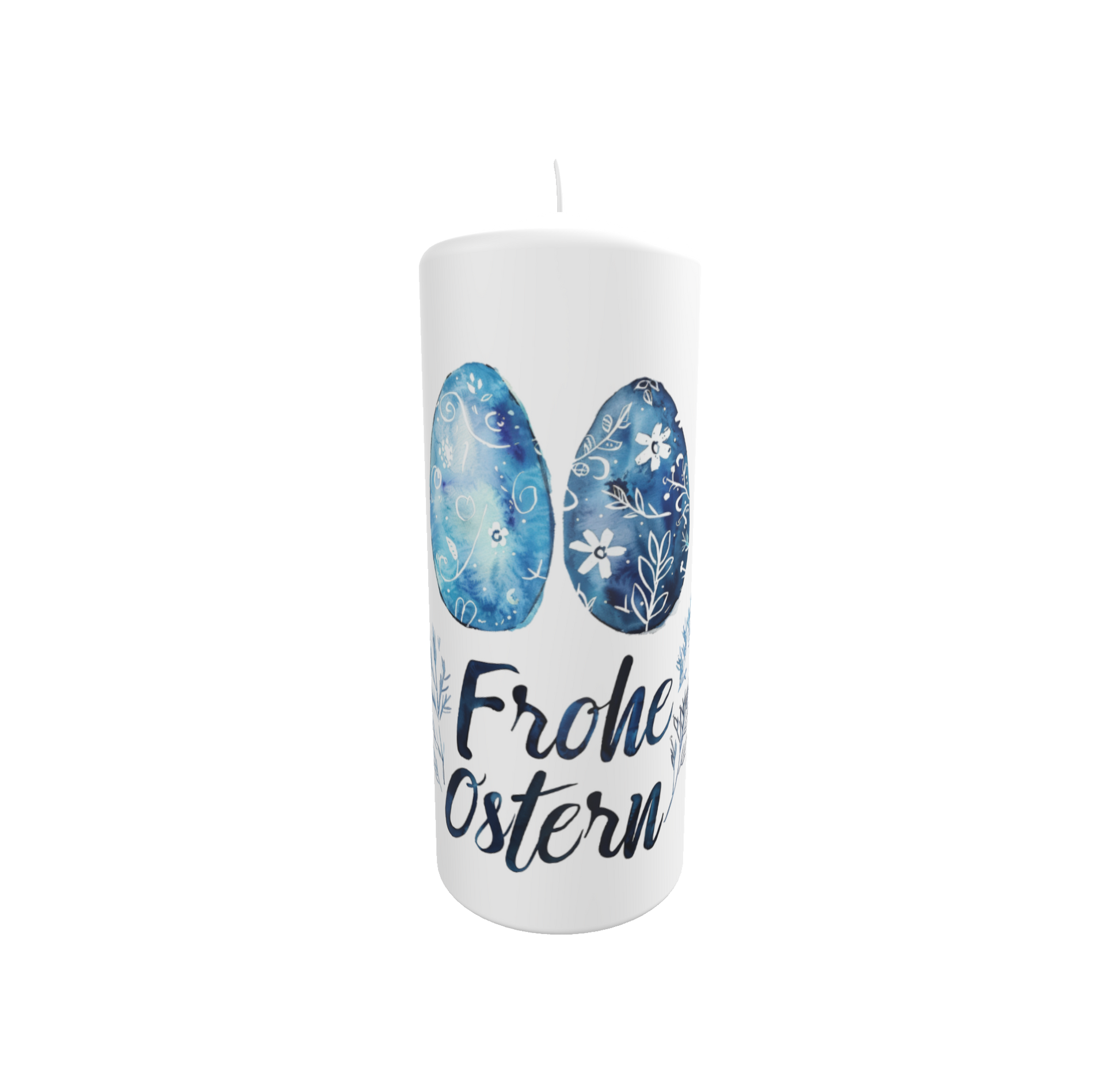 Weiße Osterkerze mit zwei blau verzierten Ostereiern und dem Schriftzug „Frohe Ostern“ in moderner Handschrift