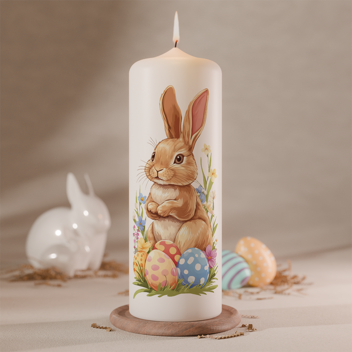 Osterkerze mit Hase dekoriert mit Ostereiern und Frühlingsdeko