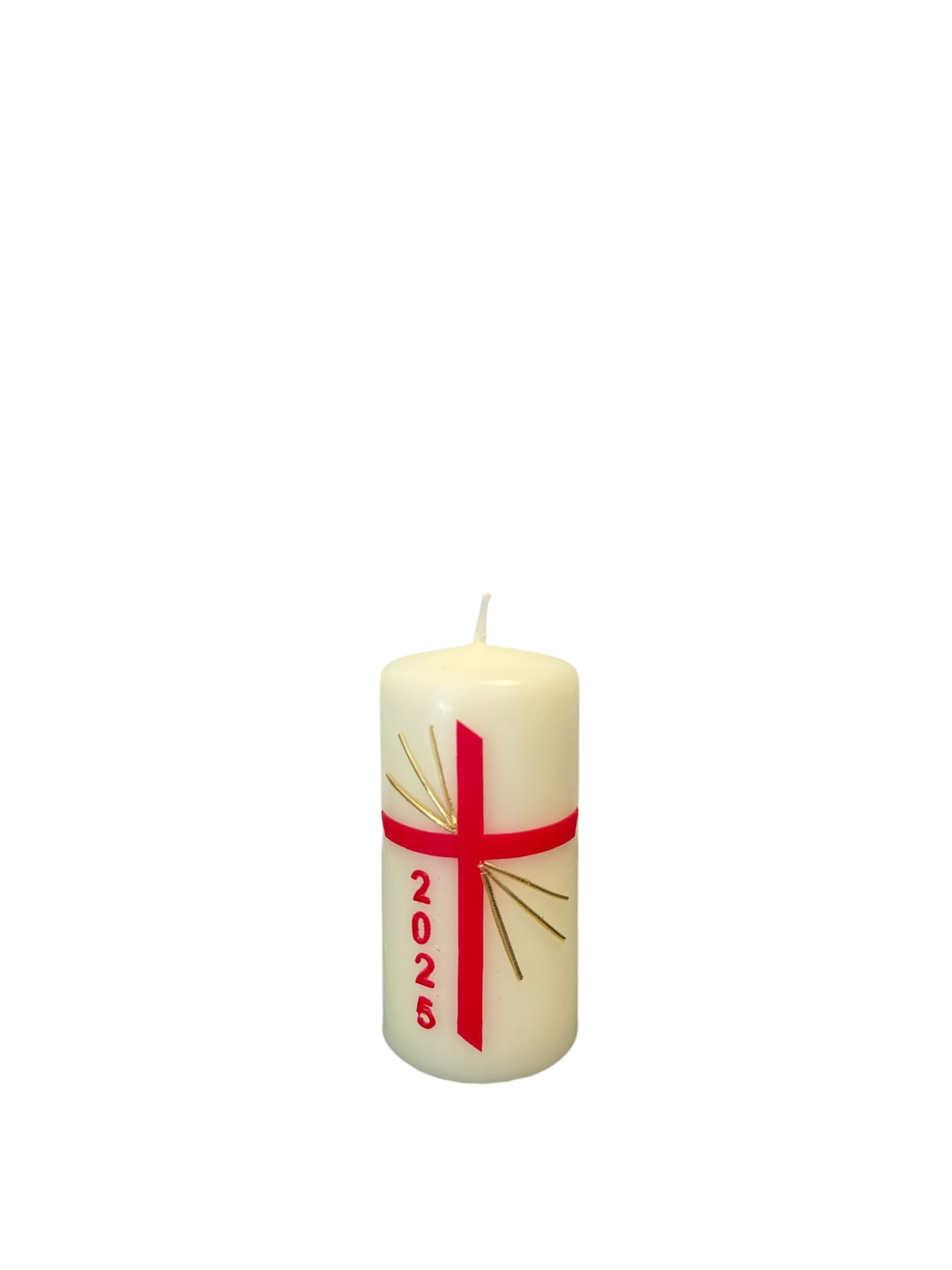Weiße Osterkerze mit einfachem roten Kreuz und Jahreszahl