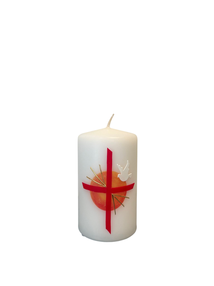 Osterkerze mit rotem Kreuz auf gelbem Hintergrundsymbol