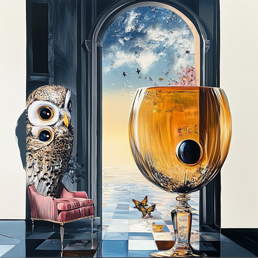 Surrealistisches Gemälde mit einer Eule, die hinter einem Stuhl hervorschaut, einem riesigen goldenen Glas in einem Raum mit Fliesenboden und einer offenen Tür zu einem himmlischen Himmel voller Vögel.
