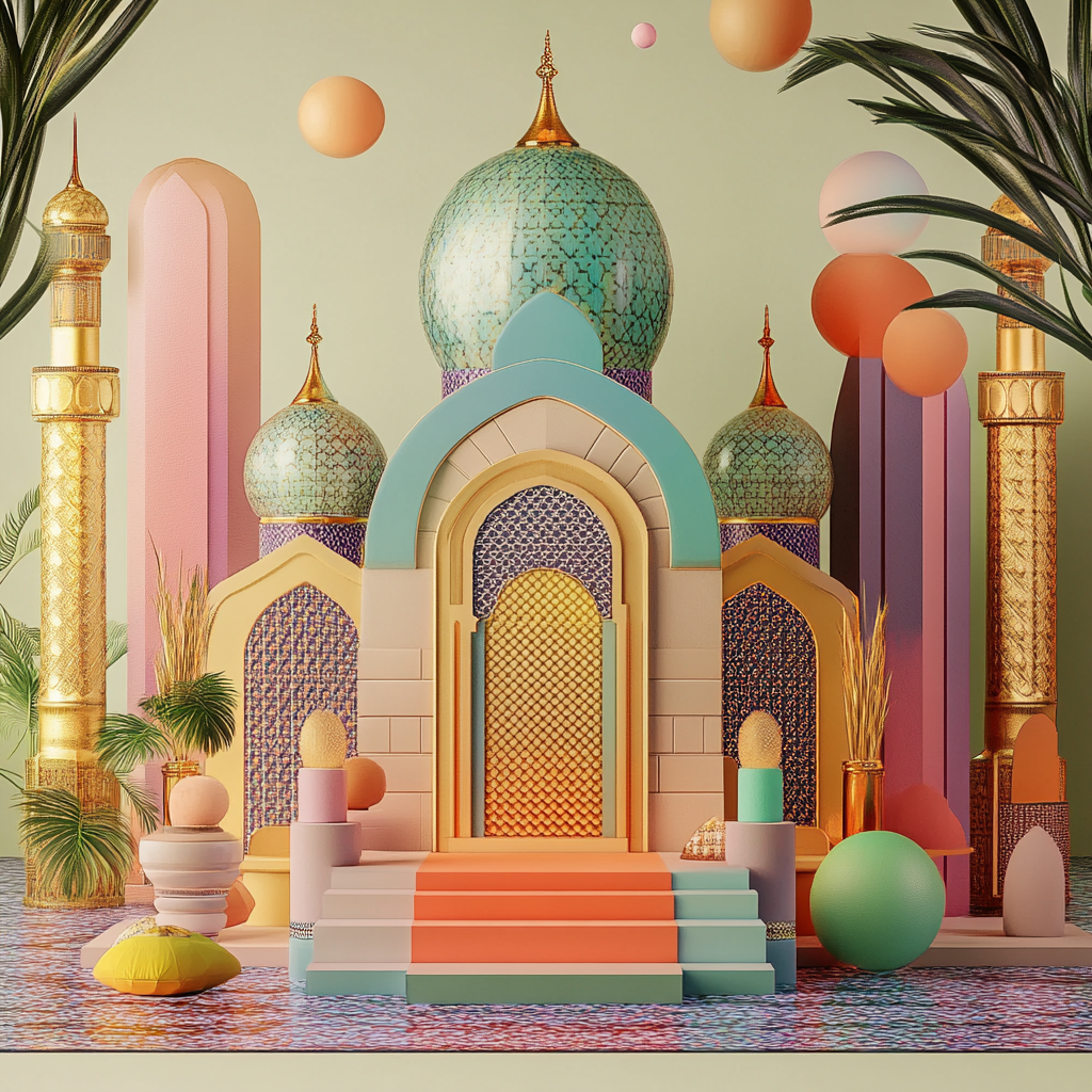 Fantastische Architektur mit goldenen Kuppeln, farbenfrohen geometrischen Flächen und schwebenden Kugeln in Pastell- und Goldtönen; orientalisch inspirierte Formen.
