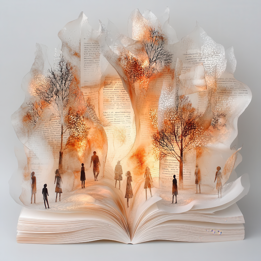 Leuchtende Papierlandschaft aus einem geöffneten Buch mit Bäumen und kleinen Figuren.
