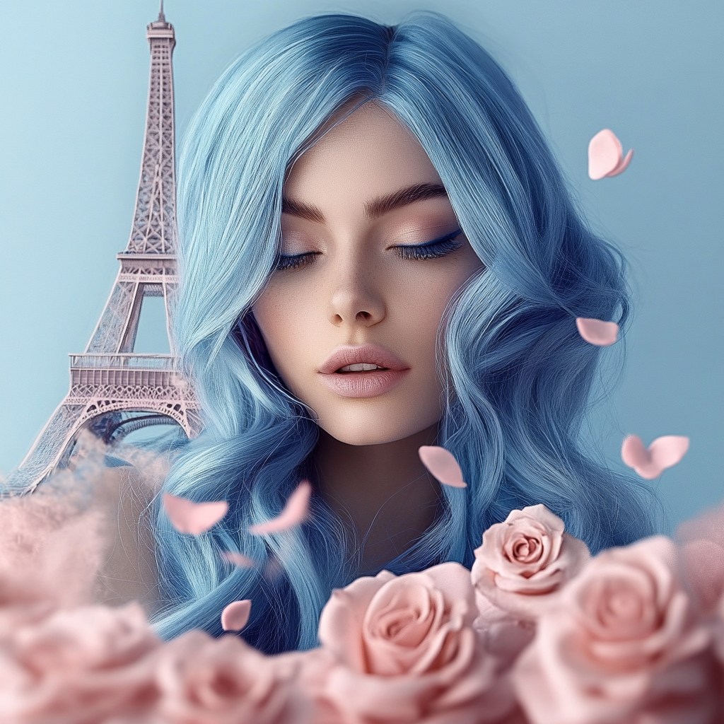 Porträt einer Frau mit himmelblauen Haaren vor dem Eiffelturm, umgeben von rosafarbenen Rosenblüten – eine zarte, träumerische Hommage an Paris und die Schönheit.
